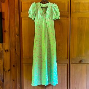 Vintage 60s Floral Green Empire waist Puff Sleeve Dress Size 2/4